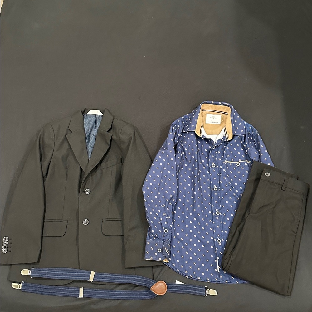 Cat & Jack Black suit,dark blue Polka Dot Shirt, + Childrens place suspenders.